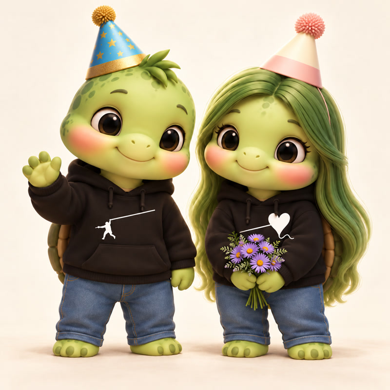 Tiến vẫy tay và Thảo ôm bó hoa thạch thảo tím, cả hai là rùa chibi mặc jean và đội mũ sinh nhật.