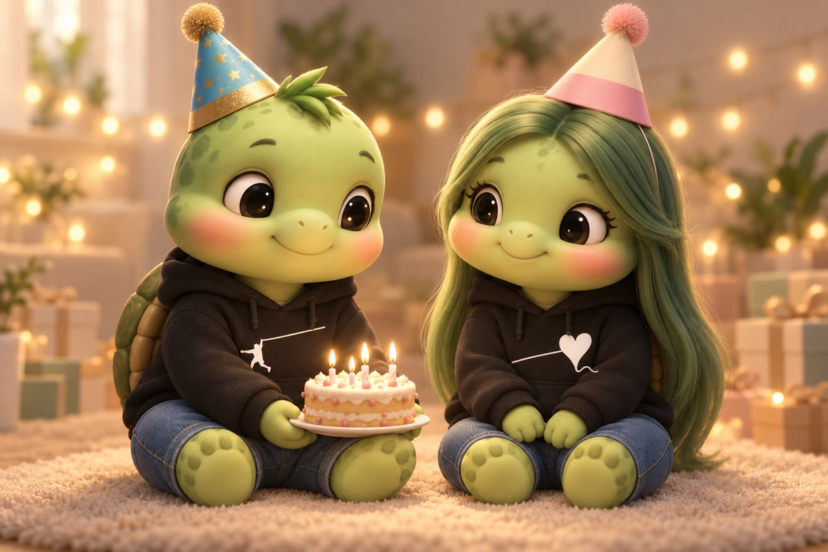 Tiến và Thảo phiên bản rùa chibi ngồi cùng bánh sinh nhật; Thảo có tóc dài xanh, cả hai mặc jean và đội mũ sinh nhật.